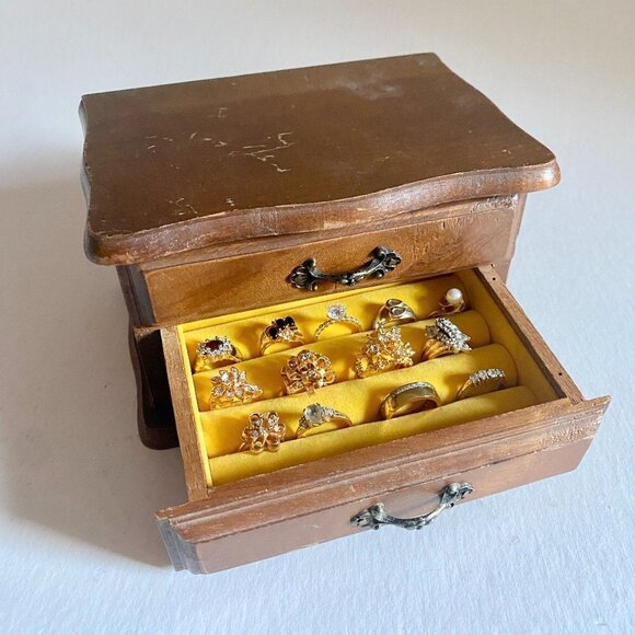 Other - Vintage Wood Mini Dresser Style Jewelry Box with Bright Yellow Lining
